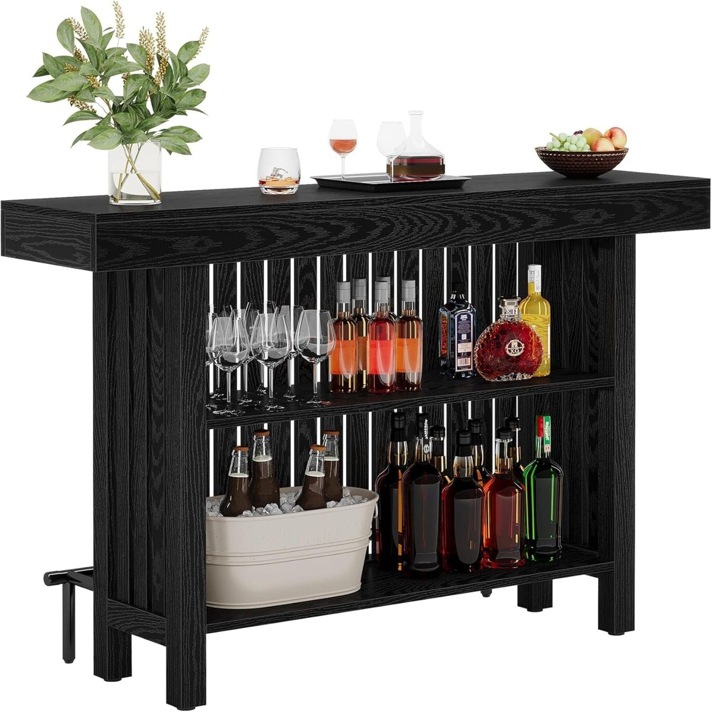 2 Tier Mini Bar Table For Kitchen Black with top vase and glasses, liquor bottles on lower shelf on Tampa Home & Garden Store