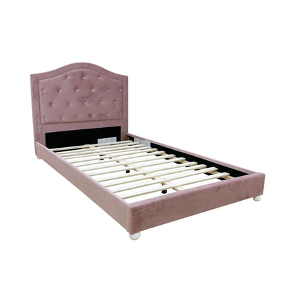 Reggie Twin Bed upholstered in pink velvet with tufted headboard and crystal buttons on Tampa Home & Garden Store