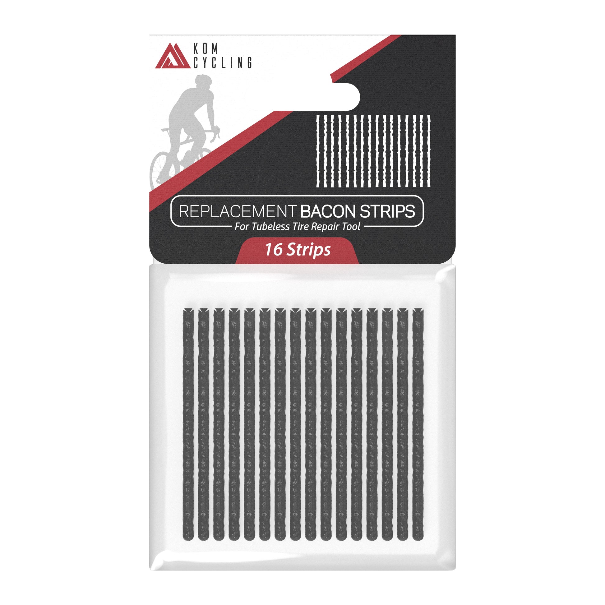 KOM Cycling Tubeless Repair Strips, 16 black adhesive strips on packaging on Tampa Home & Garden Store