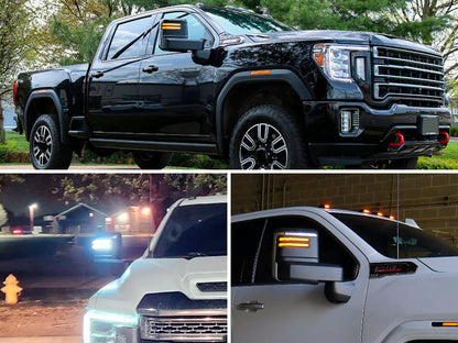 AutoLEDTech smoked switchback LED mirror lights for 2020-2026+ GMC Sierra Silverado three views on Tampa Home & Garden Store