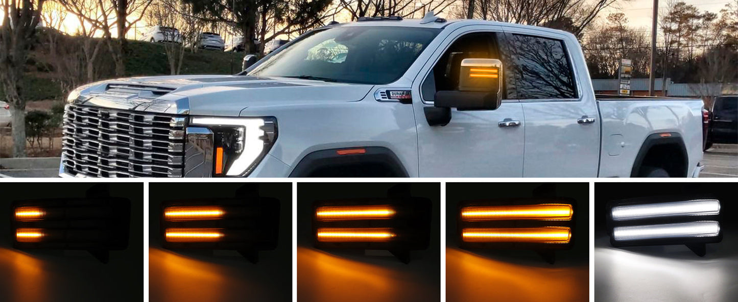 AutoLEDTech.com smoked switchback mirror lights for GMC Sierra Silverado 2020–2026 amber/white on Tampa Home & Garden Store