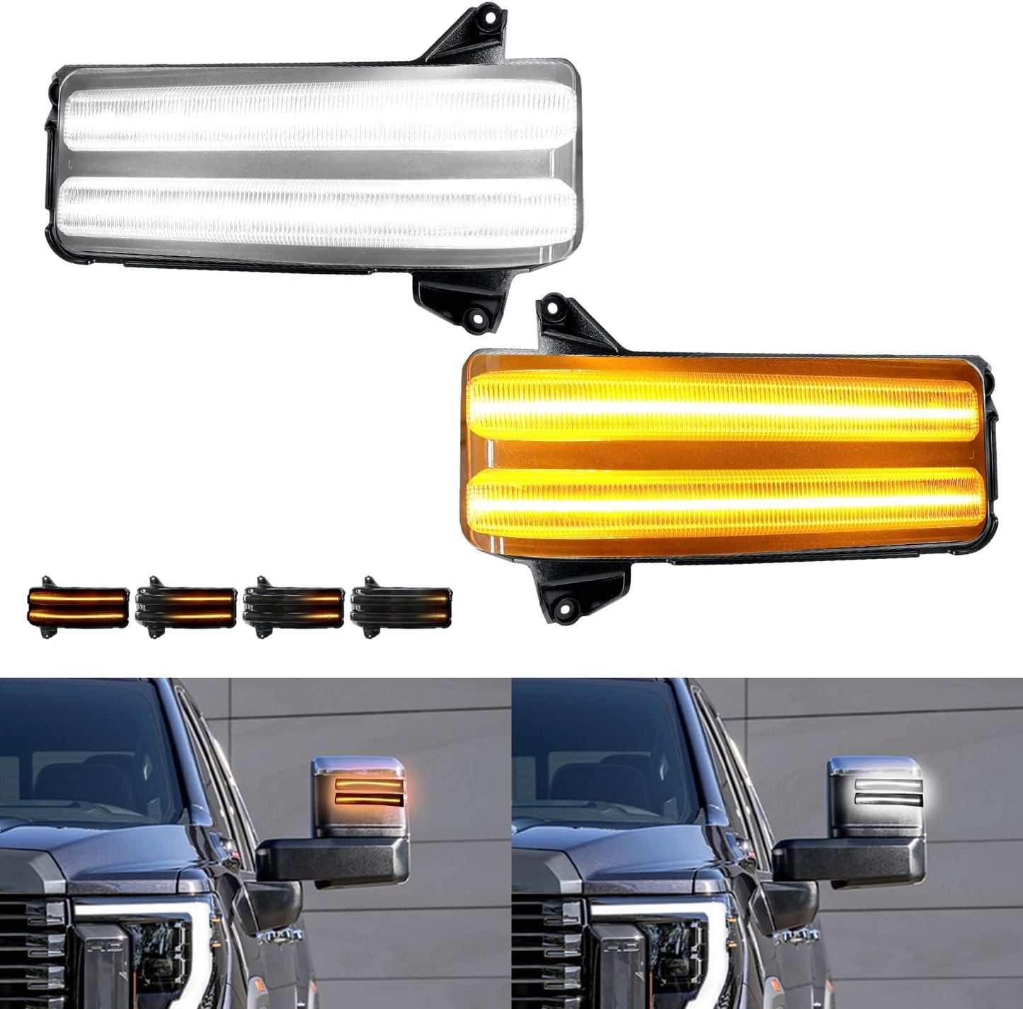 Smoked switchback LED mirror lights 2020-2026 GMC Sierra Silverado, 2 housings, 4 amber markers on Tampa Home & Garden Store