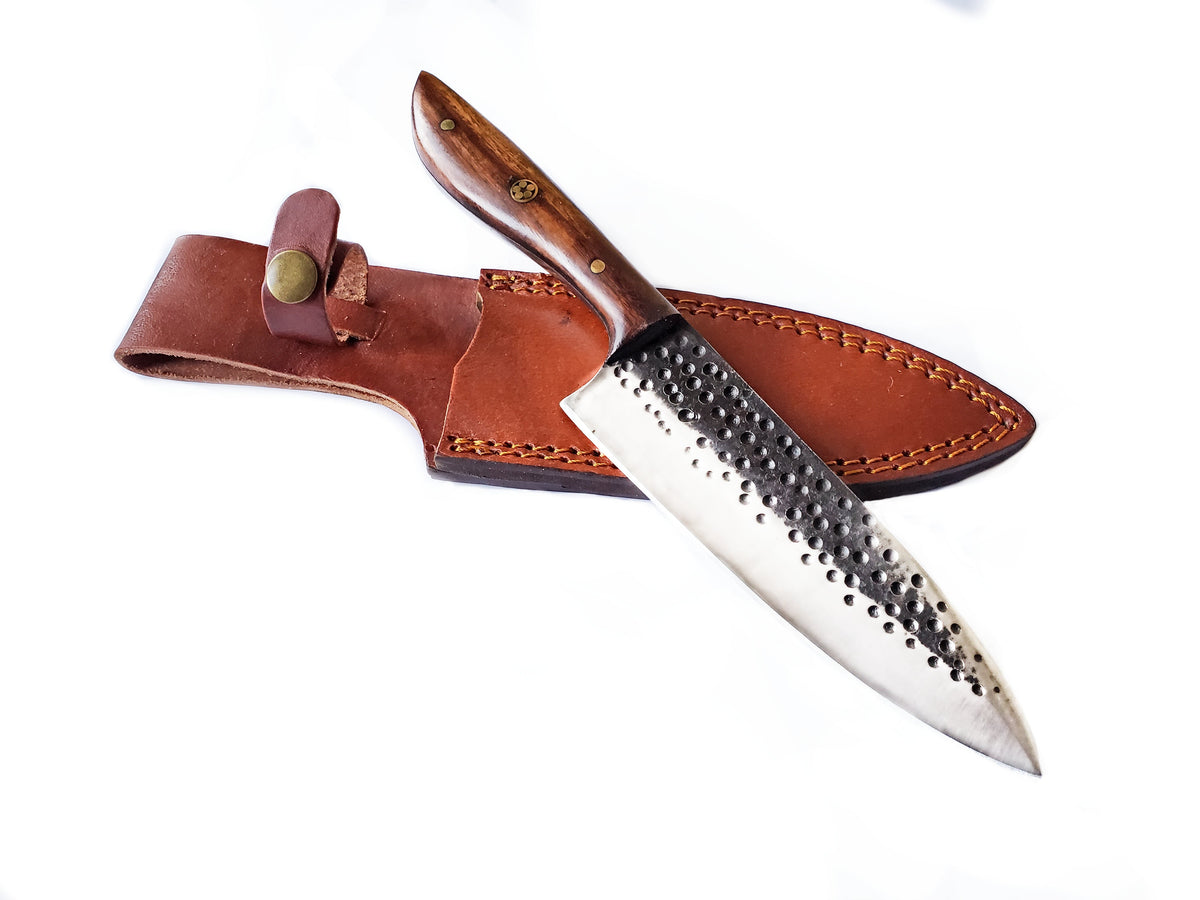Carbon steel chef knife Titan International TC-35 with wood handle and leather sheath on Tampa Home & Garden Store