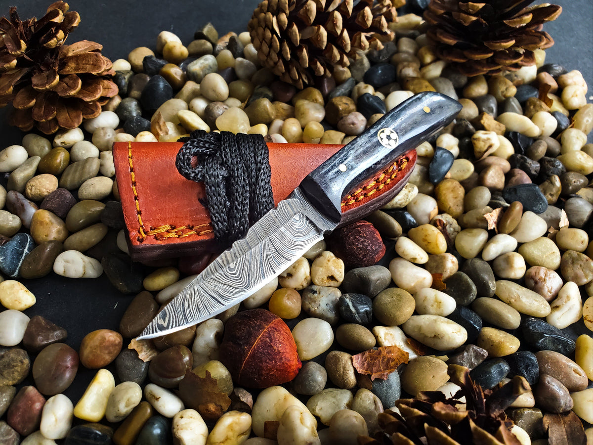 Damascus neck knife TD-233 by Titan International K, hand-forged blade, red sheath on Tampa Home & Garden Store