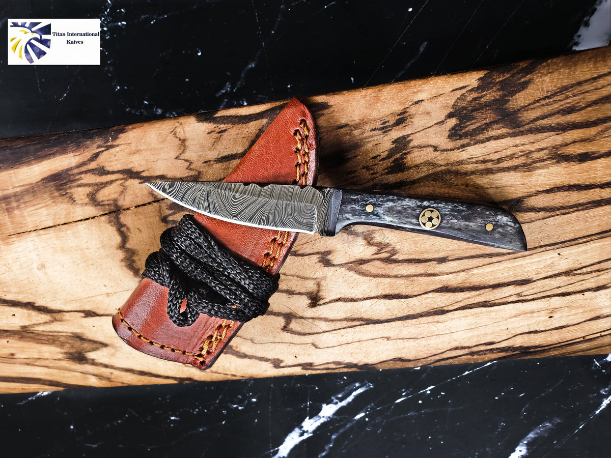 Hand forged Damascus neck knife TD-233 by Titan International Knives; Damascus blade with leather sheath on Tampa Home & Garden Store