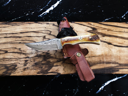 Damascus neck knife TD-178 Burnt Bone with patterned blade and bone handle in leather sheath on Tampa Home & Garden Store