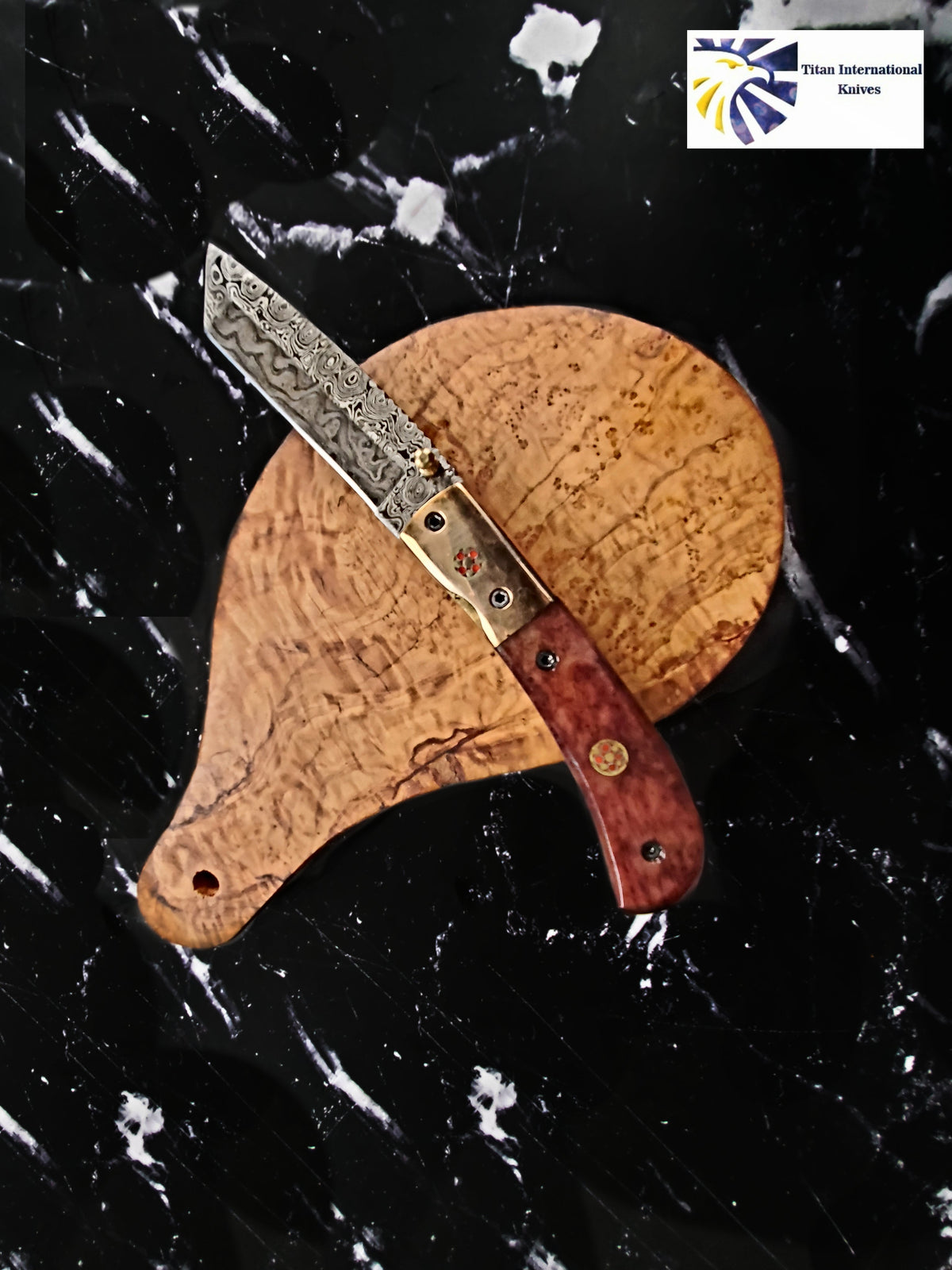 Damascus steel folding knife with tanto blade, dyed bone handle and copper bolster Titan logo on Tampa Home & Garden Store
