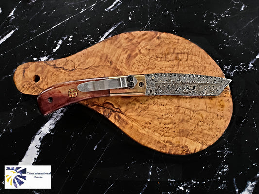 Damascus steel folding knife, tanto blade, bone handle, copper bolster Titan Pocket Samurai on Tampa Home & Garden Store