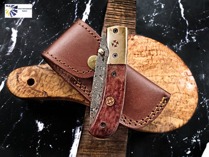 Damascus steel folding knife tanto blade dyed bone handle copper bolster Titan Pocket Samurai on Tampa Home & Garden Store