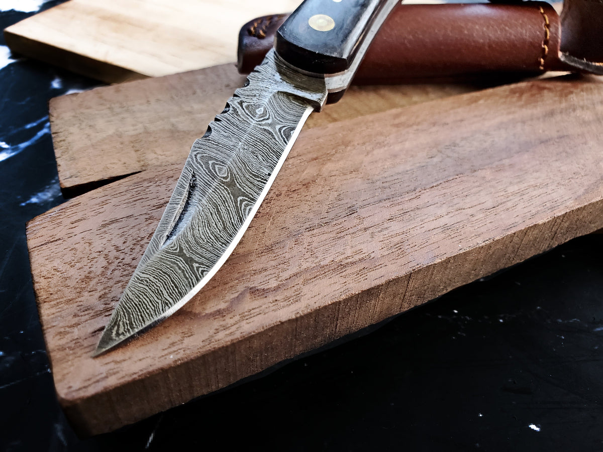 TF-009 Damascus fixed-blade knife by Titan Int’l K with brown leather sheath on wood board on Tampa Home & Garden Store