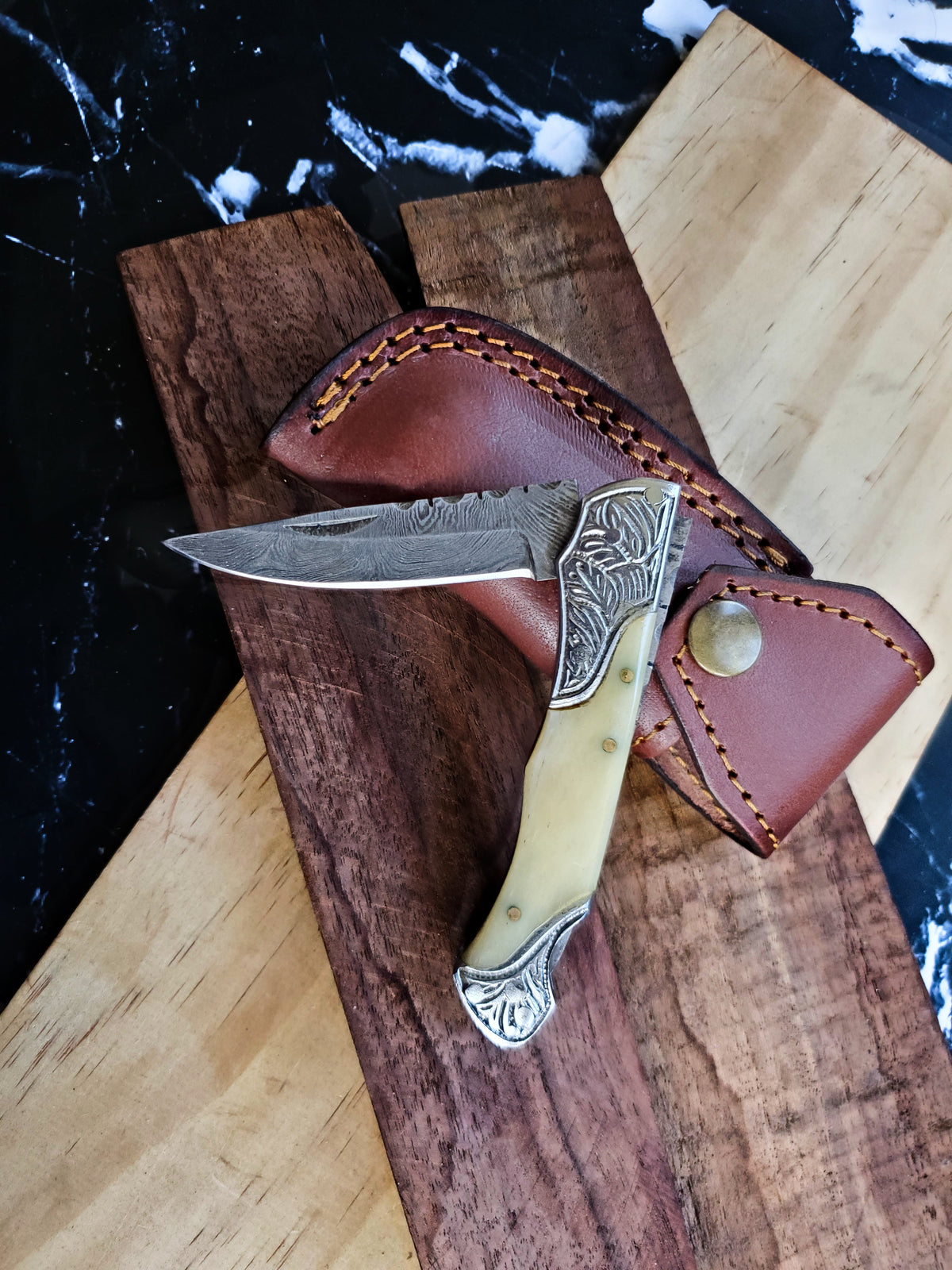 TF-005 Titan knife with damascus blade and ivory handle in brown leather sheath on Tampa Home & Garden Store