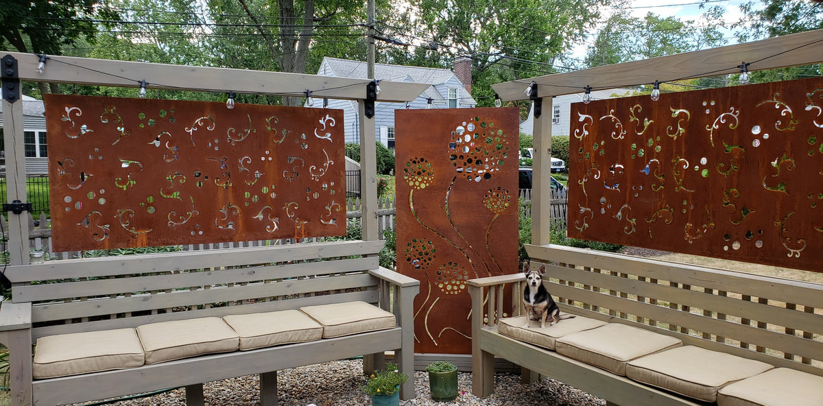 Metal privacy screen panels wall hanging, rust finish, 46-inch, 3-panel set on pergola on Tampa Home & Garden Store