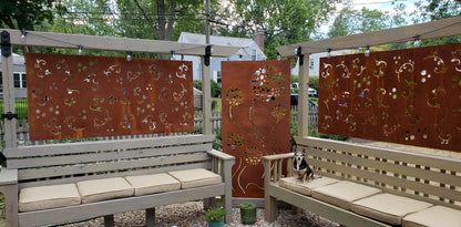 Metal privacy screen panels wall hanging, rust finish, 46-inch, 3-panel set on pergola on Tampa Home & Garden Store
