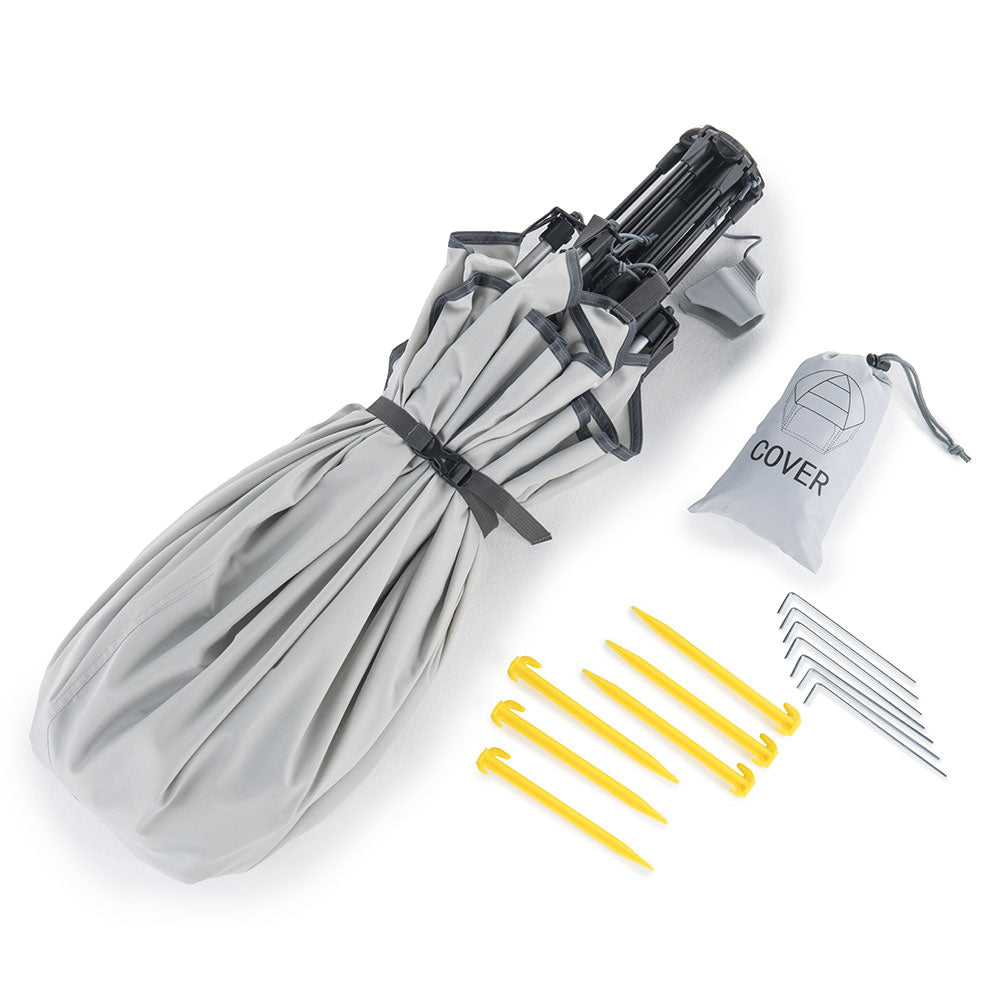 Pop 'N Go Playpen gray carry bag with yellow stakes and metal pegs, cover pouch on Tampa Home & Garden Store