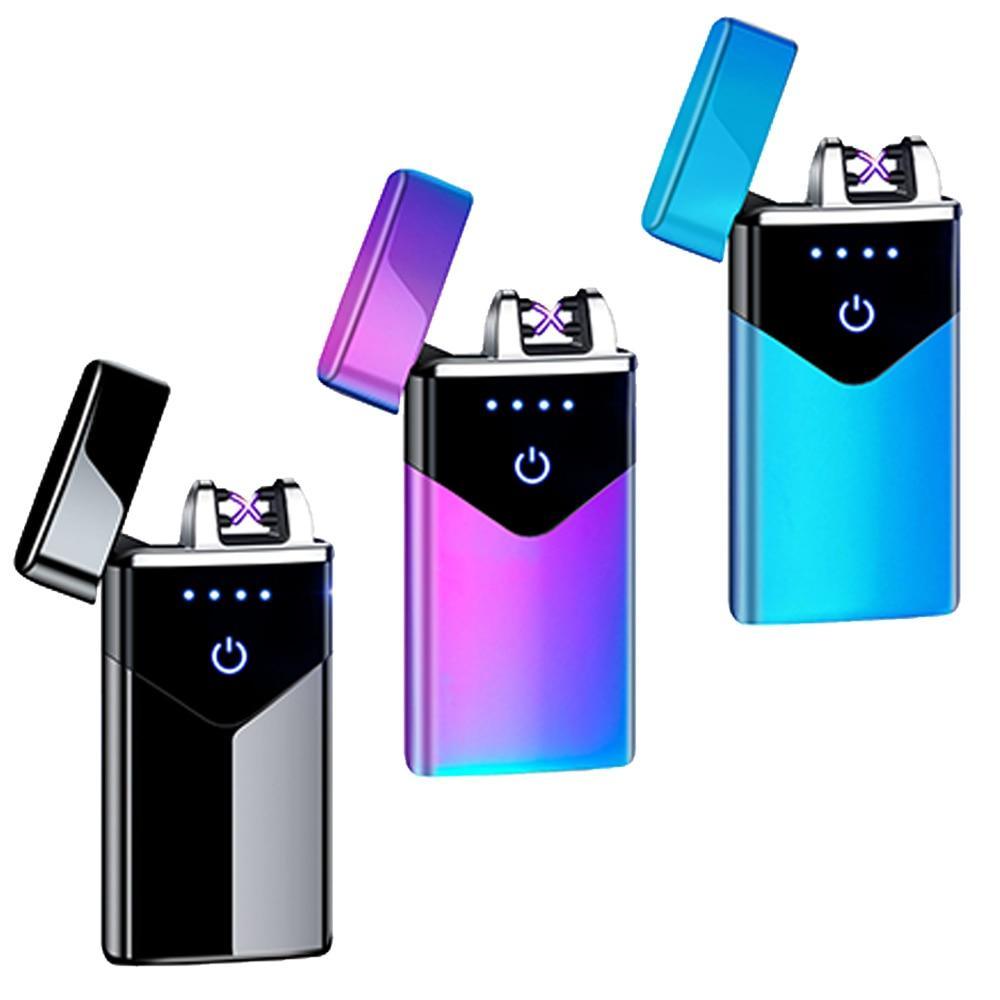 Stevvex dual arc USB lighter with LED screen, 3-pack gradient blue, purple and black on Tampa Home & Garden Store