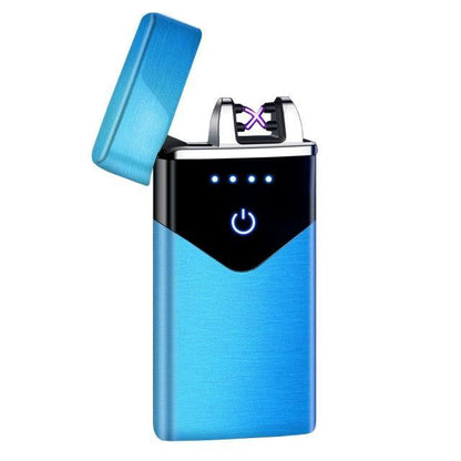 Blue metal dual-arc USB lighter by Stevvex with LED screen and touch power button on Tampa Home & Garden Store