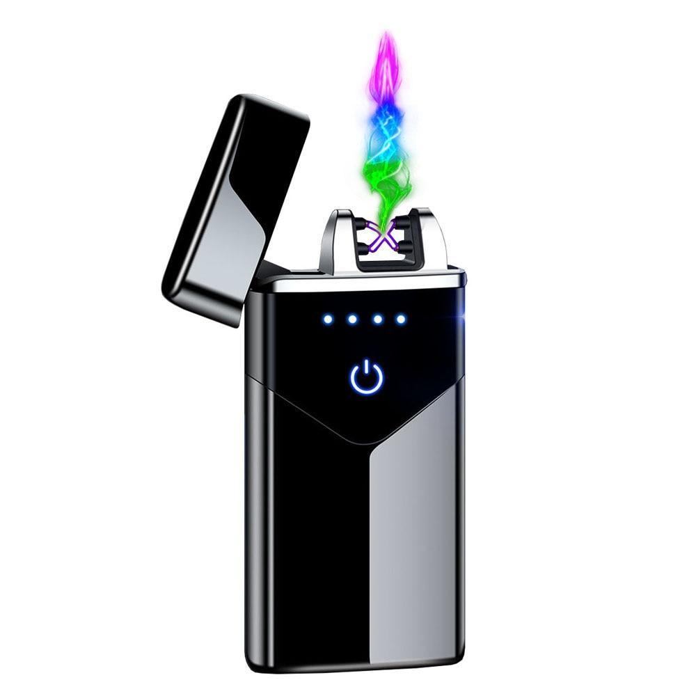 Stevvex dual-arc USB lighter with LED screen rainbow plasma arc black metal windproof body on Tampa Home & Garden Store