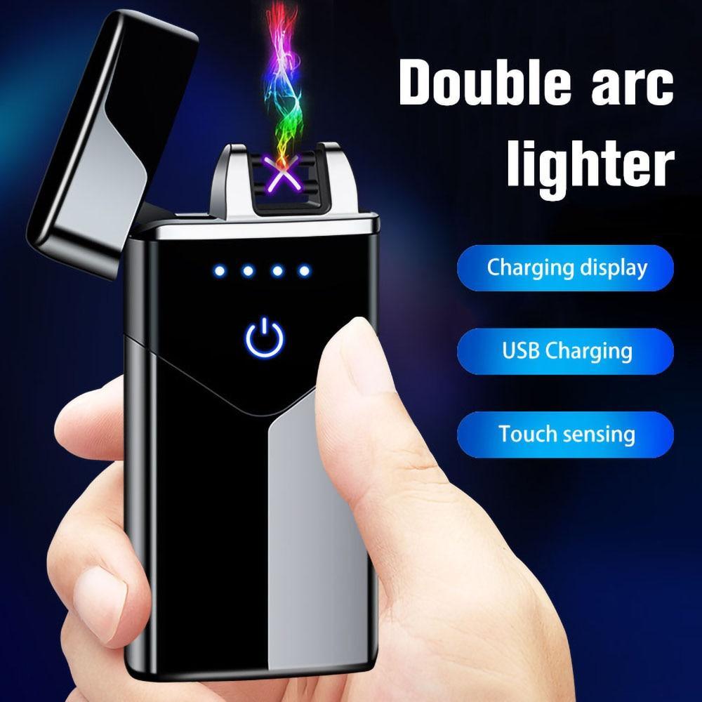 Stevvex dual-arc USB lighter with LED charging display, black metal finish on Tampa Home & Garden Store