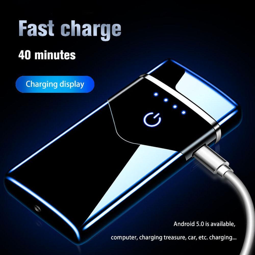 Stevvex black metal dual-arc USB lighter with LED touch display and charging indicators on Tampa Home & Garden Store