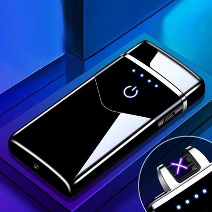 Stevvex dual-arc USB lighter with LED screen, touch ignition, windproof metal black on Tampa Home & Garden Store
