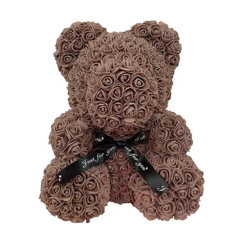 Rose-covered teddy bear decor made of brown artificial roses by Stevvex with ribbon on Tampa Home & Garden Store