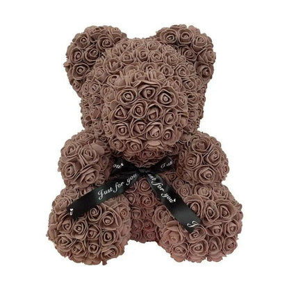 Rose-covered teddy bear decor made of brown artificial roses by Stevvex with ribbon on Tampa Home & Garden Store