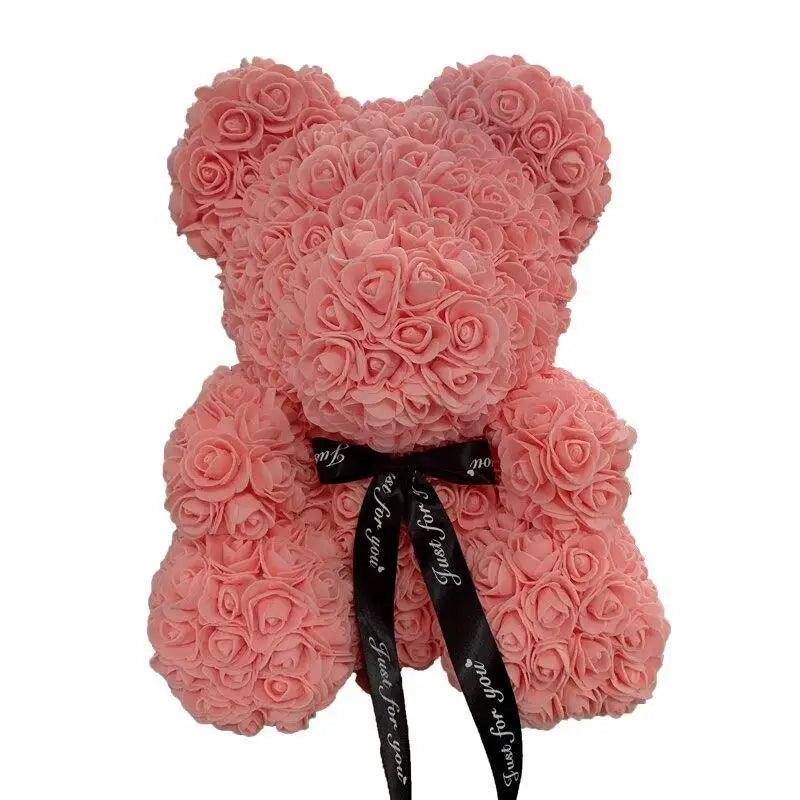 Stevvex pink rose teddy bear made of artificial rose petals with black ribbon bow on Tampa Home & Garden Store