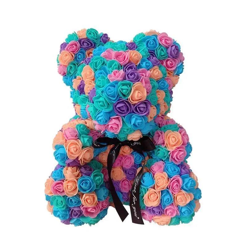 Stevvex 2021 cute artificial flower rose teddy bear decoration with multicolor roses on Tampa Home & Garden Store
