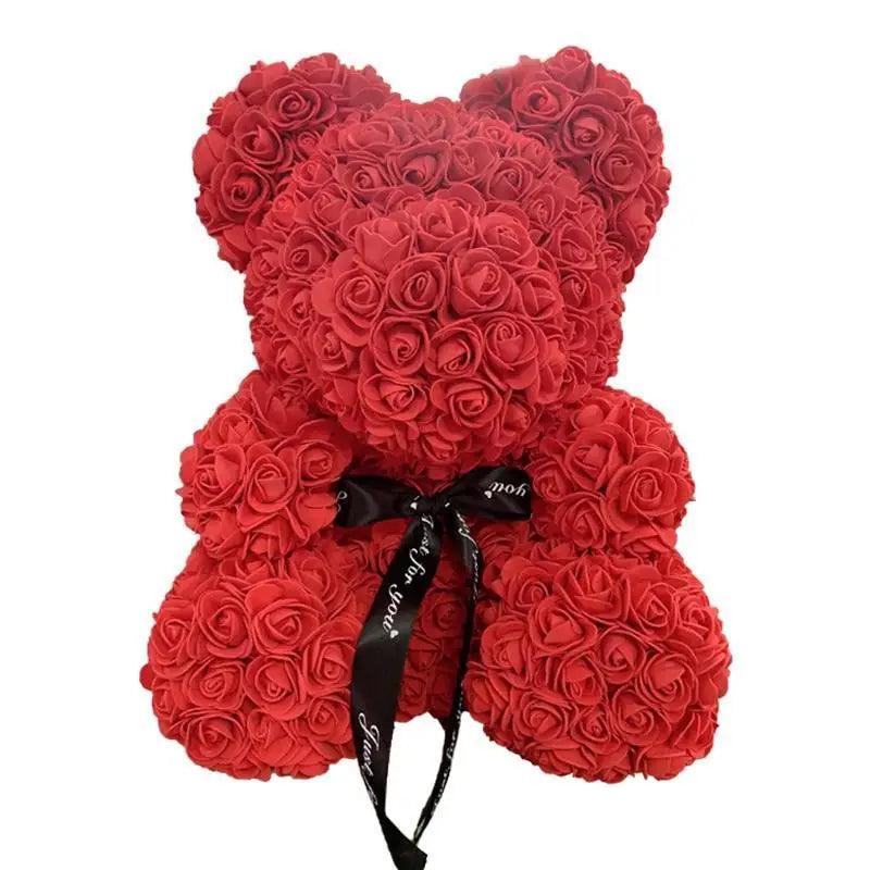 Stevvex red rose teddy bear made of artificial roses with black satin bow, home decor gift on Tampa Home & Garden Store
