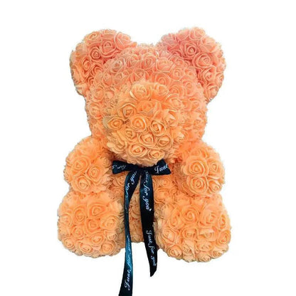 Artificial peach rose teddy bear by Stevvex ALU123GUREEV with blue ribbon for home decor gift on Tampa Home & Garden Store