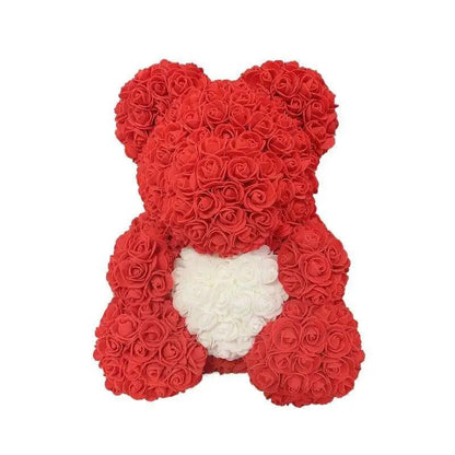 Red rose teddy bear made of artificial flowers with white heart belly, Valentine home decor on Tampa Home & Garden Store