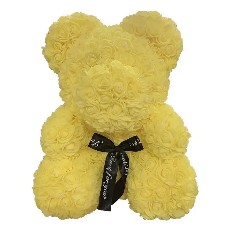 2021 Cute Artificial Flower Rose Teddy Bear yellow with black ribbon by Stevvex on Tampa Home & Garden Store