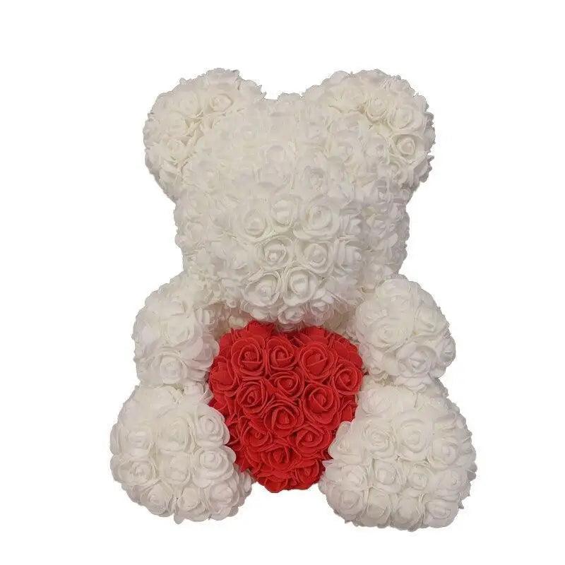Artificial rose teddy bear in white with red heart center Stevvex decor gift on Tampa Home & Garden Store