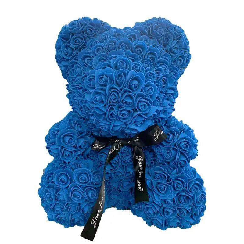 Stevvex blue artificial rose teddy bear decoration with black ribbon on Tampa Home & Garden Store