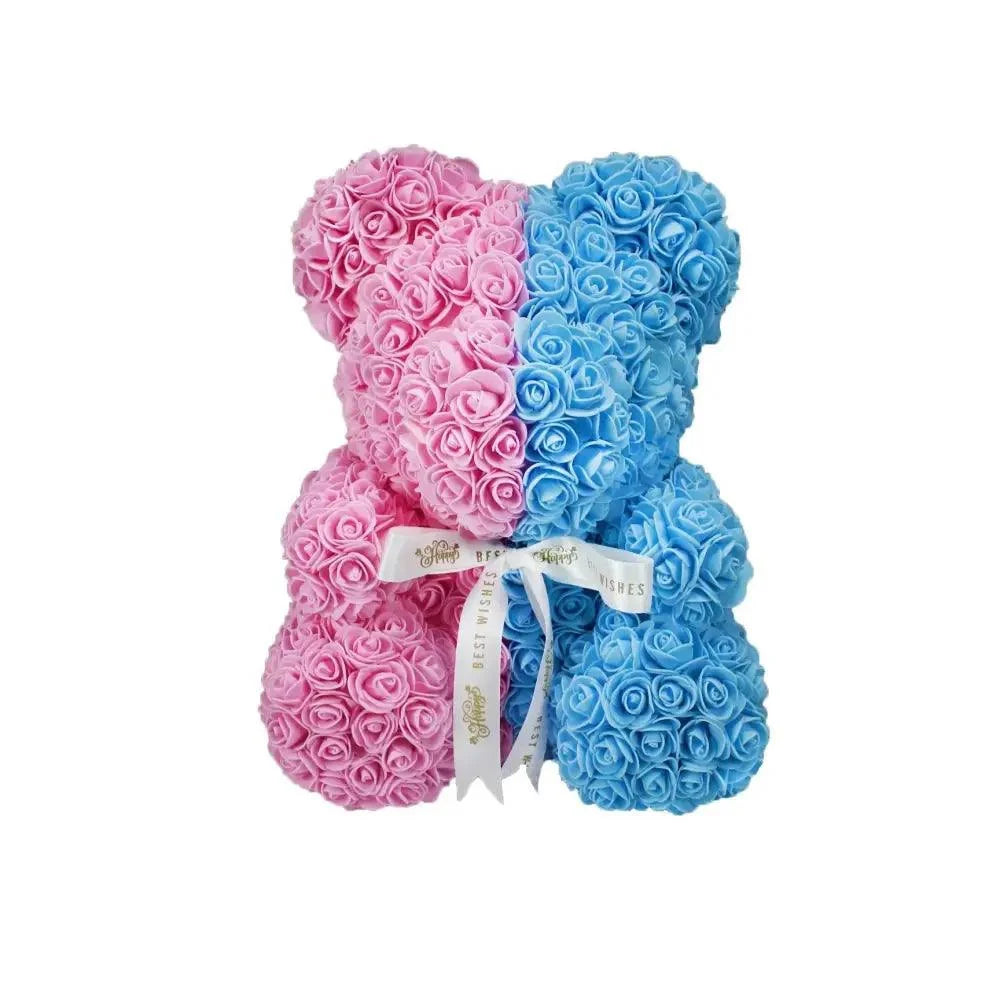 Stevvex ALU123GUREEV pink and blue rose teddy bear decoration with ribbon bow on Tampa Home & Garden Store