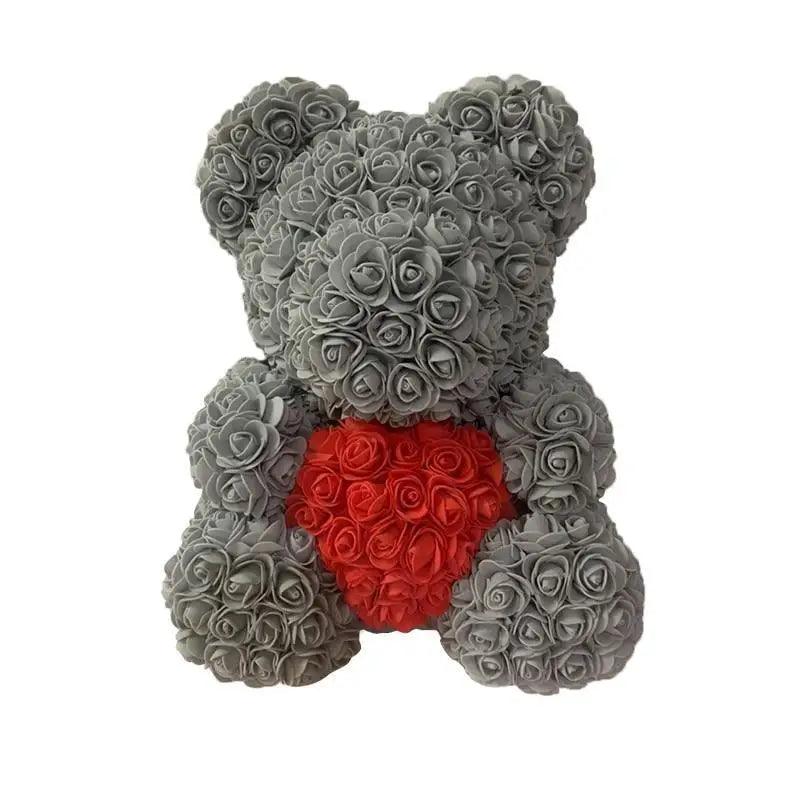 Teddy bear shaped decoration of gray artificial rose petals with a red rose heart on Tampa Home & Garden Store