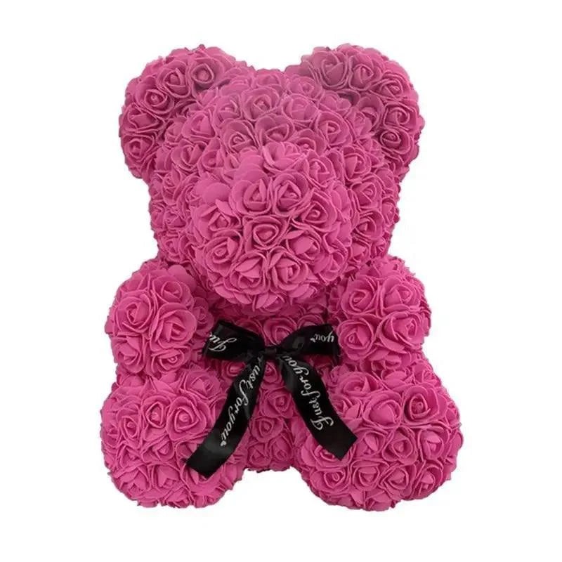 Rose teddy bear made of pink artificial roses, Stevvex gift décor with black ribbon bow on Tampa Home & Garden Store