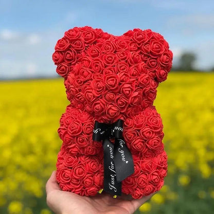 Stevvex red rose teddy bear decoration, artificial flower bear with black ribbon on Tampa Home & Garden Store