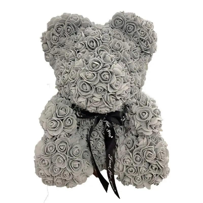 Gray rose teddy bear made from artificial roses with a black ribbon bow Stevvex ALU123GUREEV on Tampa Home & Garden Store