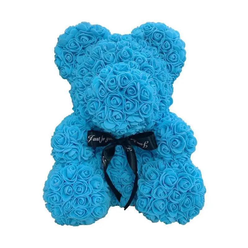 Blue artificial rose teddy bear decorative plush by Stevvex with black ribbon on Tampa Home & Garden Store