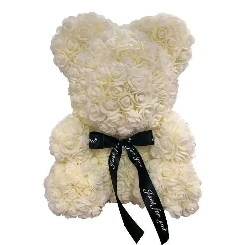 Rose teddy bear ornament with white artificial roses and black ribbon Stevvex on Tampa Home & Garden Store