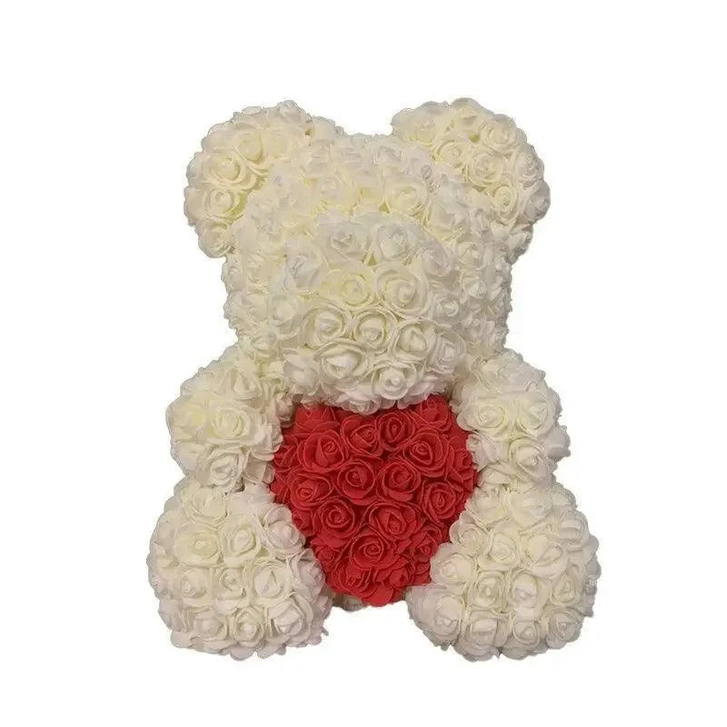 Stevvex white artificial rose teddy bear with red rose heart for Valentine home decor on Tampa Home & Garden Store