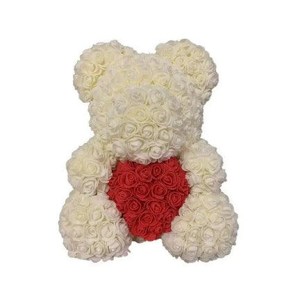 Stevvex white artificial rose teddy bear with red rose heart for Valentine home decor on Tampa Home & Garden Store