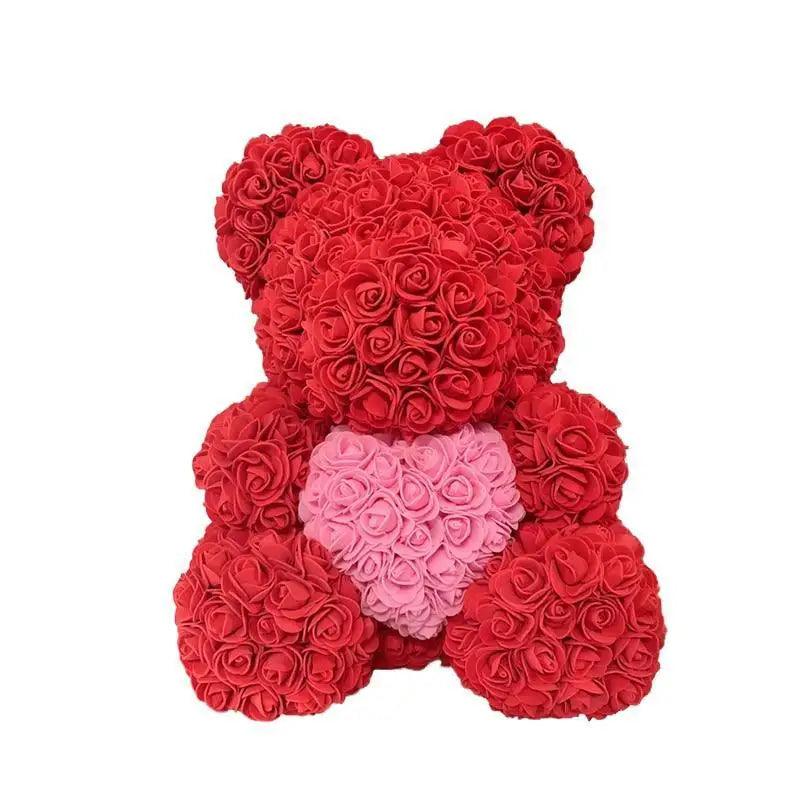 Red artificial rose teddy bear with pink heart center, Stevvex ALU123GUREEV decor on Tampa Home & Garden Store
