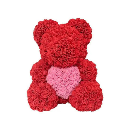 Red artificial rose teddy bear with pink heart center, Stevvex ALU123GUREEV decor on Tampa Home & Garden Store