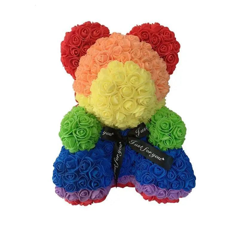 Stevvex artificial rose teddy bear rainbow colors with black ribbon Just for you on Tampa Home & Garden Store