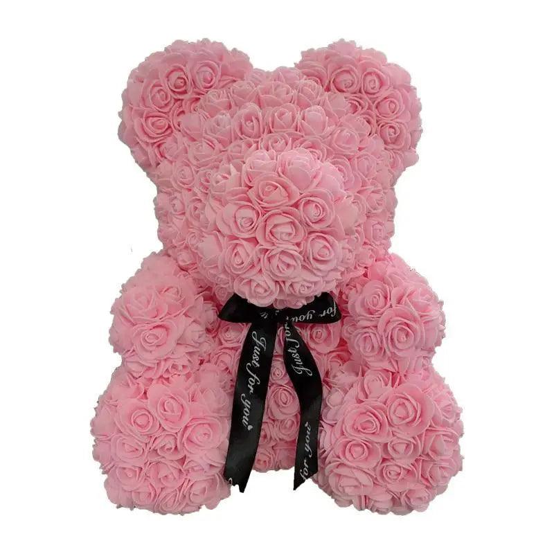 Stevvex pink rose teddy bear made of artificial roses with black ribbon bow for home decor gifts on Tampa Home & Garden Store