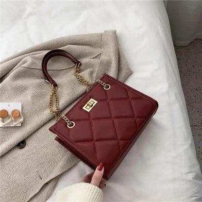 Stevvex quilted leather PU shoulder bag burgundy with gold chain strap and turnlock on Tampa Home & Garden Store