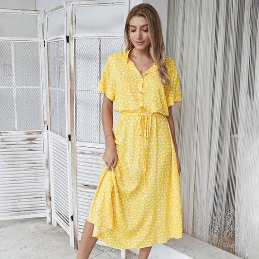 Stevvex yellow polka dot midi dress with high waist, button front, tie belt on Tampa Home & Garden Store