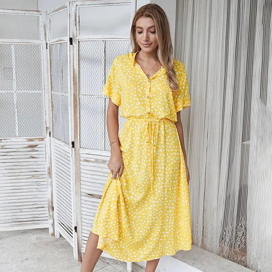 Stevvex yellow polka dot midi dress, high waist, short sleeves, tie belt on Tampa Home & Garden Store